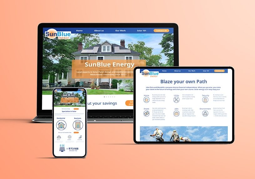 Solar website displayed on laptop, iphone, & tablet